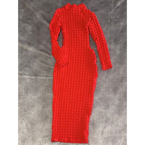 Red Ruched Long Sleeve Cut Out Maxi Dres - Picture 3 of 6
